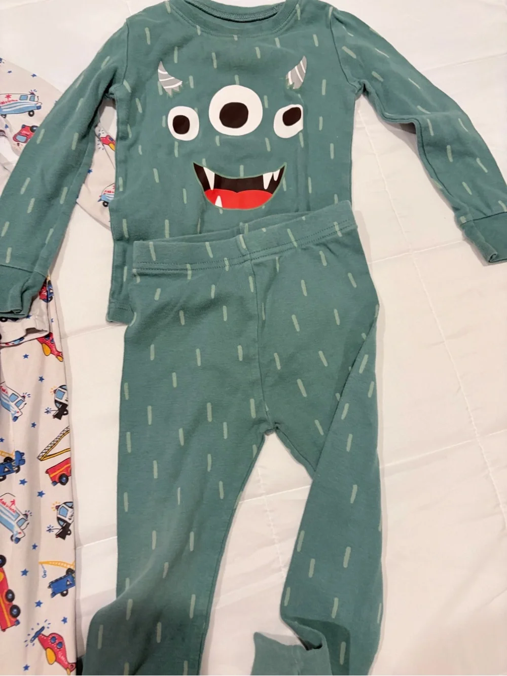 Old Navy Green Monster Pajama Set & Shelry White Vehicle Print Set